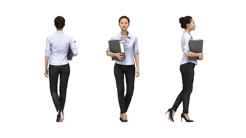 Woman facing the front, back, and to the side